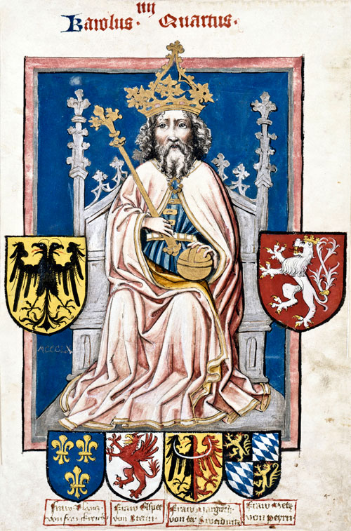 Karl IV. auf dem Thron; darunter die Wappen seiner Frauen Blanca von Valois, Anna von der Pfalz, Anna von Schweidnitz und Elisabeth von Pommern (auf Pergament gemalt, Nürnberg um 1430)