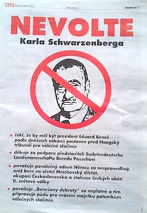 Zeitungsannonce gegen Karel Schwarzenberg (Januar 2013)