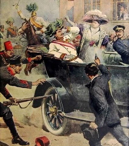 Gavrilo Princip erschießt am 28. Juni 1914 Erzherzog Franz Ferdinand und dessen Frau (nachempfundene Illustration von Achille Bertrame)