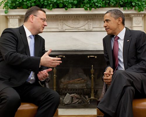 President Barack Obama holds a bilateral meeting with Prime Minister Petr Necas of the Czech Republic, in the Oval Office, Oct. 27, 2011. (Official White House Photo by Pete Souza)